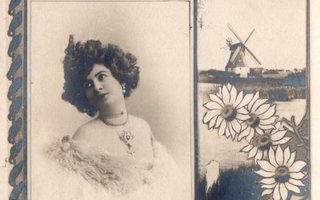 Vanha postikortti- nainen ja maisema