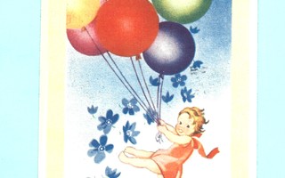 Vanha kortti: Lapsi, ilmapallot, sinivuokot, -46