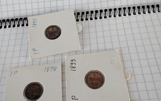 1 penni 3 kpl vuosilta 1895, 1898 ja 1899