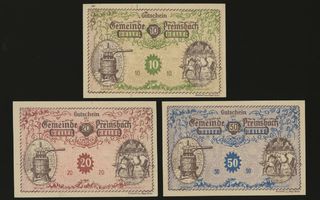 Itävalta Notgeld 10, 20, 50 Heller, Preinsbach 1920