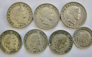 7 Kolikkoa Sveitsi 20 + 10 + 5 Rappen 1881 - 1929