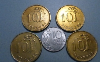 10 mk 1952,1953,1955,1956, 10 penniä 1990 #18