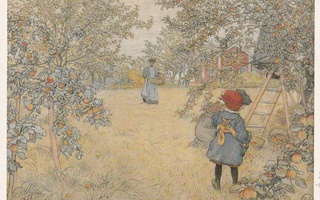 Carl Larsson - Omenat talteen - puutarha - Äiti + lapset