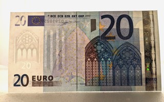 20€ seteli Suomi 2002; erikoinen leikkaus hologrammissa