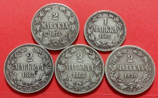 4 kpl 2 mk 1865, 1866, 1870 ja 1874 + 1 markka 1866. (KD47)