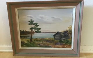 Vintage Öljyväri taulu, lato ja järvi ( koko 48 x 38,5 cm )