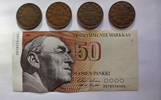 50 Markkaa seteli 1986 ja 10 penniä kolikot 4 kpl