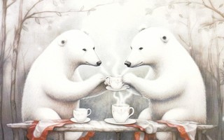 Kaksi jääkarhua kahvittelemassa