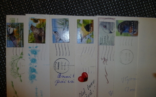 Nippu lintu-aiheisin postimerkein kulkeneita postikortteja