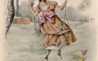 Vanha postikortti- tyttö keinussa