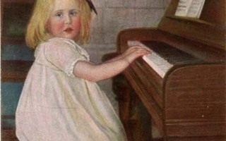 MUSIIKKI / Valkomekkoinen tyttö soittaa pianoa. 1910-l.