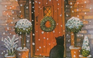 Musta kissa oven edessä