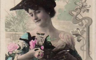 NAINEN / Hattupäinen unelmoiva tyttö ja ruusuja. 1900-l.