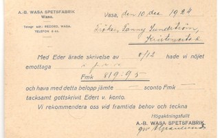 Vaasa,  v. 1924  firmakorttii kotiseutukeräilijälle