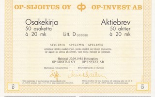 1988 OP-Sijoitus Oy spec, Helsinki pörssi osakekirja