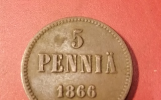 * 5  penniä  *1866  Copper/Kupari *Aleksanteri II
