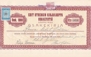 1922 Edit Strengin Kirjakauppa Oy, Savonlinna osakekirja