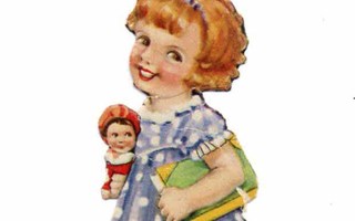 WANHA / Polkadot-mekkoinen tyttö, nukke, kirja. 1900-l.