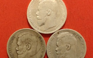 Venäjä, 3 x 1 Rubel 1896, 1897 ja 1898, Huono kunto. (KD33)