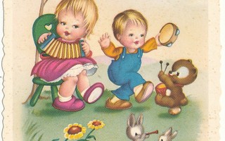 Lapset ja eläimet musisoivat - vanha kortti