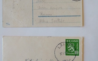 Kaksi postilähetystä toinen 1940-luvulta ja toinen 1953