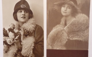 Naiset turkiksissa, vanhoja postikortteja 2 kpl