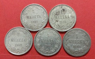 1 markka 1865, 1907, 1907, 1908 ja 1915.  Kunto hyvä. (KD22)