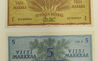 5 MARKKAA 1963 LITT A & 1 MARKKA 1963 LEIKKUUVIRHEELLISIÄ