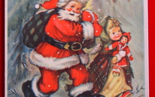 Vanha joulukortti  1963 Joulupukki tytön ja nuken kanssa