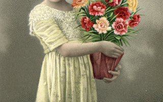 Vanha postikortti- tyttö ja kukkakimppu