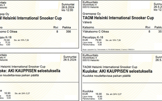 2 kpl TAOM Helsinki Snooker Cup lippuja + kuulokkeet