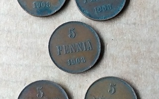 5 penniä 1908 - 5 kpl