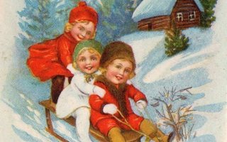 vanha joulukortti-lapset kelkkamäessä