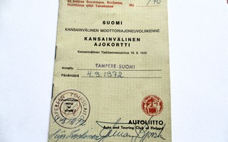 1972 Tampere Autoliiton kv ajokortti valokuvalla