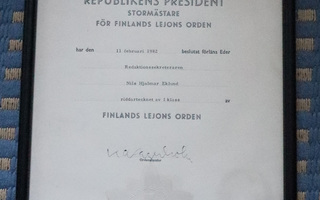 Suomen leijonan ritarikunnan ansioristi myöntökirja 
