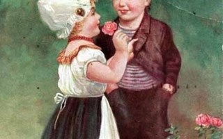 LAPSET / Tyttö pujottaa ruusun pojan napinläpeen. 1920-l.