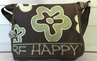 Be Happy ruskea kangaslaukku vihreillä kukilla