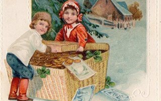 Vanha postikortti -lapset ja rahakirstu, koho