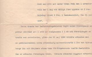 Asiakirja, lupa vuokra-autoiluun, 1927, ruotsinkielinen.