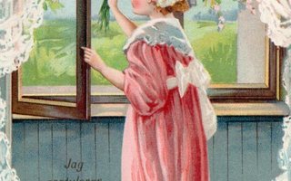 Vanha postikortti- lapsi avatun ikkunan ääressä