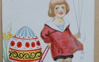 Pikkutyttö vetää jättimunaa kärreissä, ilmapalloja, p. 1940