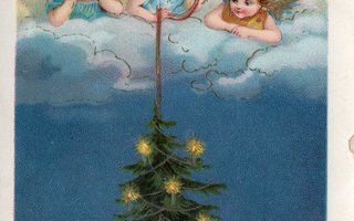 Vanha joulukortti-enkelit ja joulukuusi