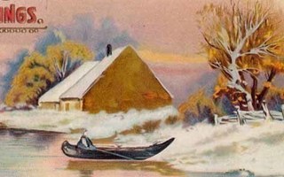 ANTIIKKIKORTTI / Talo joen rannalla, mies ruuhessa. 1900-l.