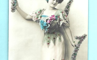 Vanha kortti: Uusi vuosi, nainen ja vuosiluku 1911