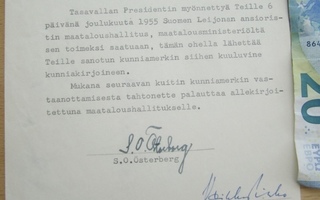 VANHA Saatekirje Suomen Leijona Ansioristi 1955