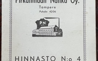 Pirkanmaan Nahka Oy Hinnasto 1939 Tampere
