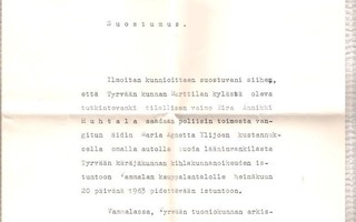 Vanki, kuljetus, suostumus-todistus, Vammala 1963.