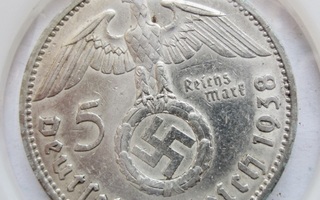 Nazi Saksa 5 mk 1938 A Hopeaa Hakaristi HYVÄ Lyöntikiiltoaki