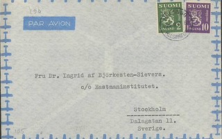 1947 10mk violetti leijona ym lentokirje Ruotsiin