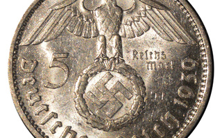 Saksa 5 Reichsmark 1939 J, Hopeaa